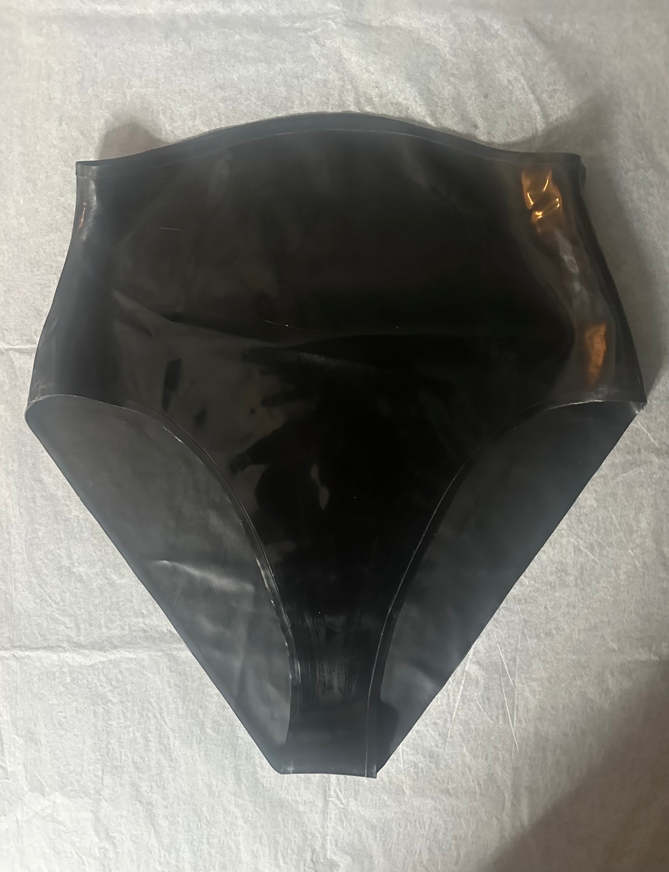 High waisted, high leg black latex briefs with slim 0.5cm trim, size medium sample
