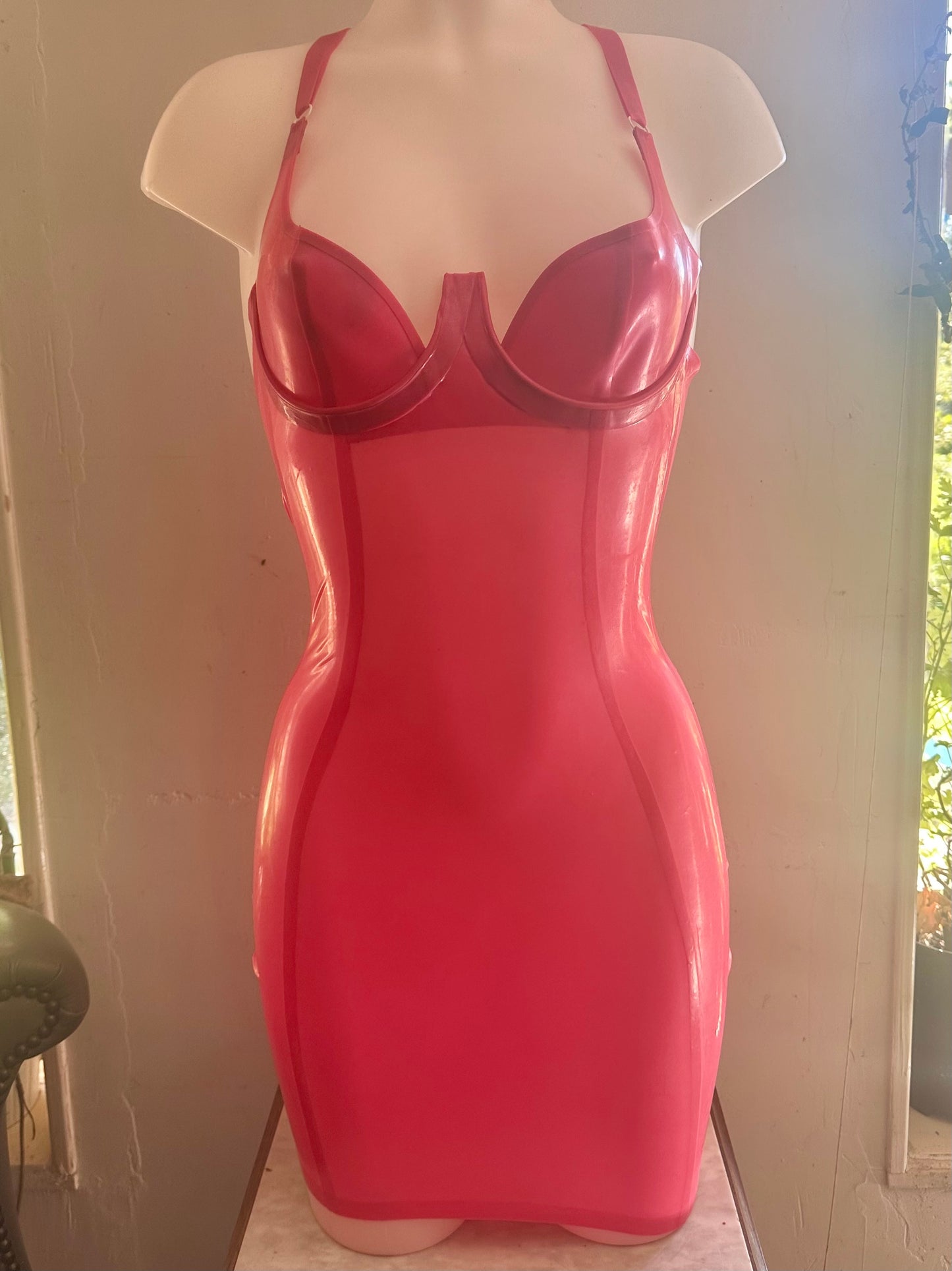 Low back latex dress sample in metallic fuchsia, size small, ready to ship!