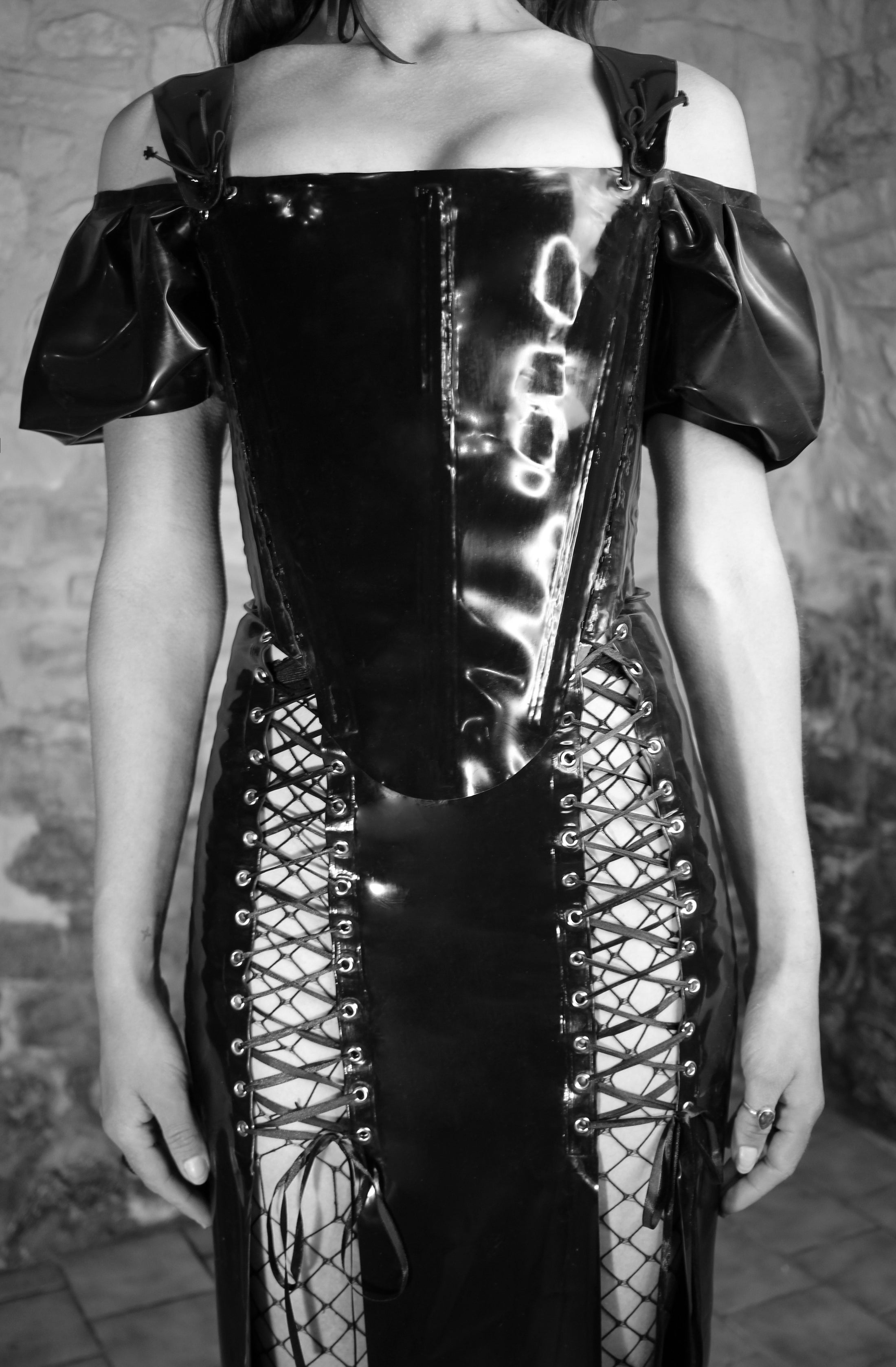 Texture detail of the glossy latex on the Lilith panelled skirt