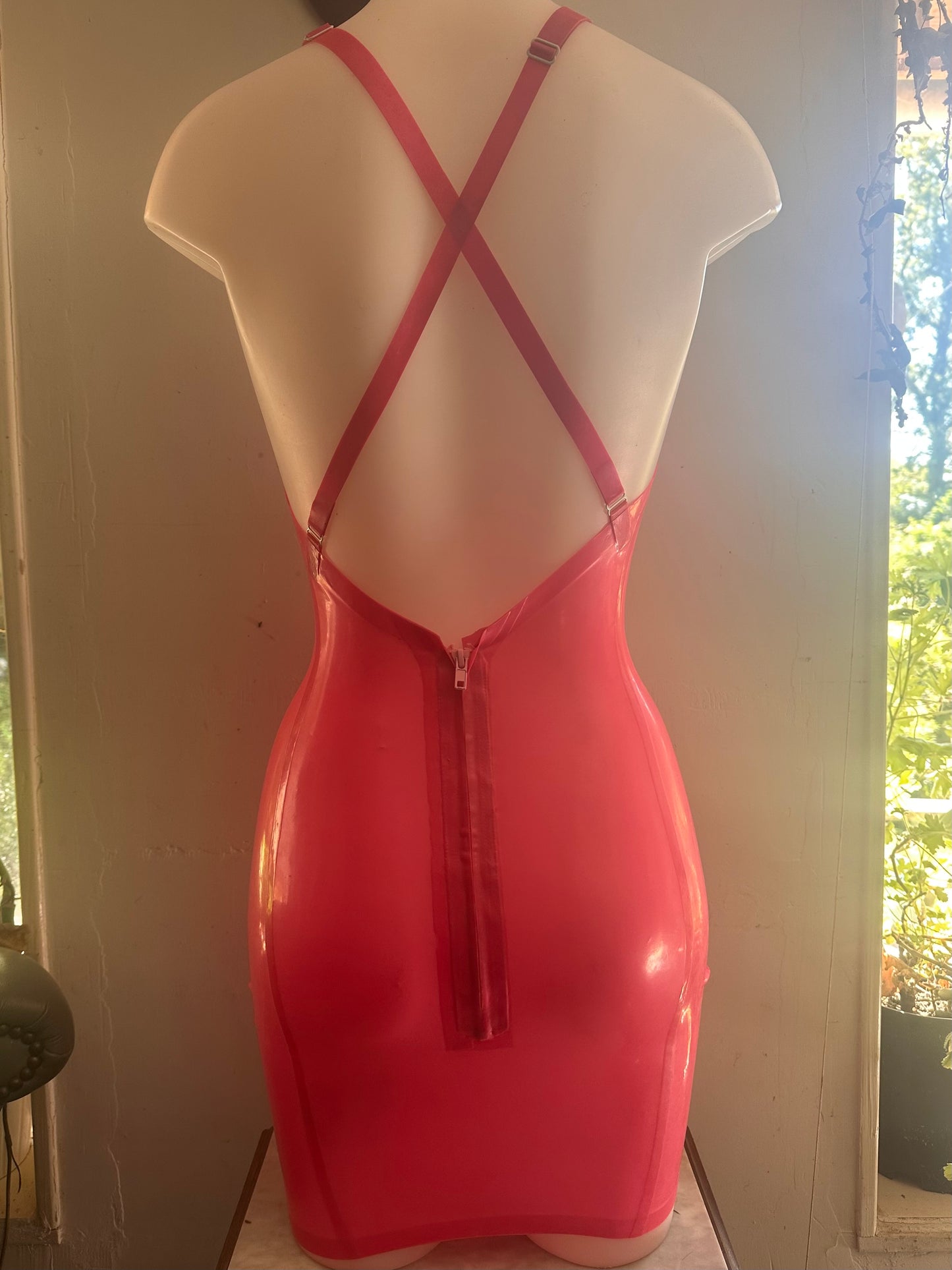 Low back latex dress sample in metallic fuchsia, size small, ready to ship!