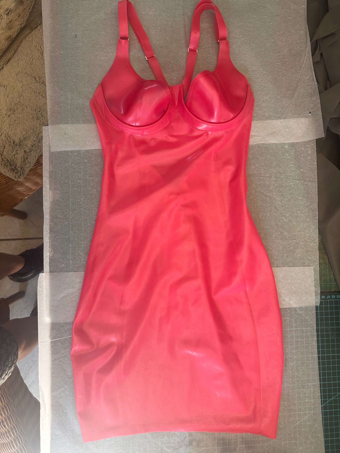 Low back latex dress sample in metallic fuchsia, size small, ready to ship!