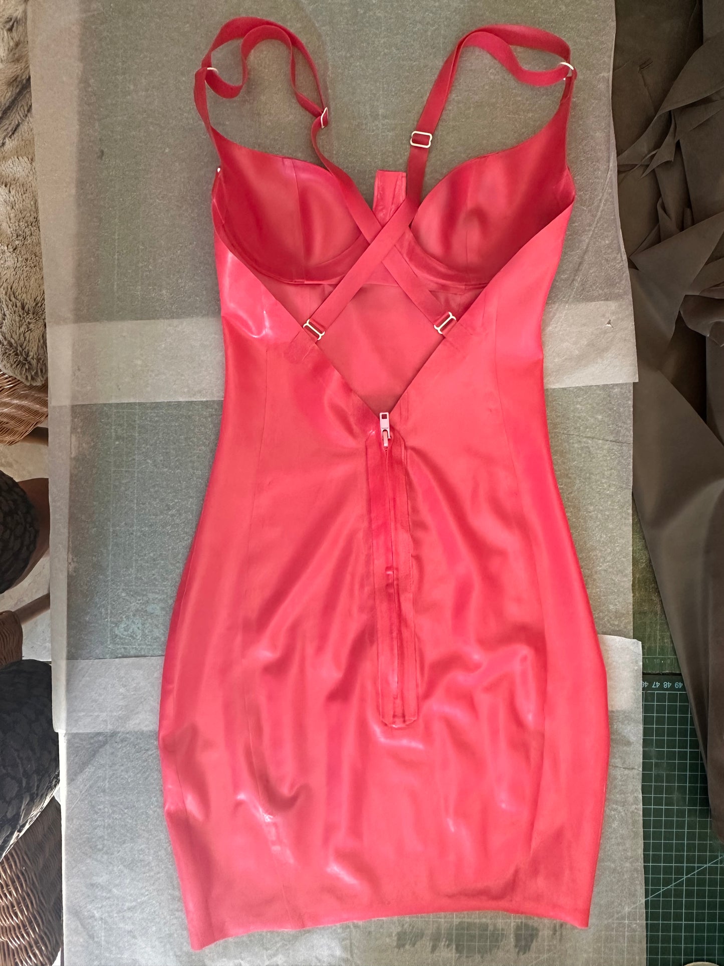 Low back latex dress sample in metallic fuchsia, size small, ready to ship!