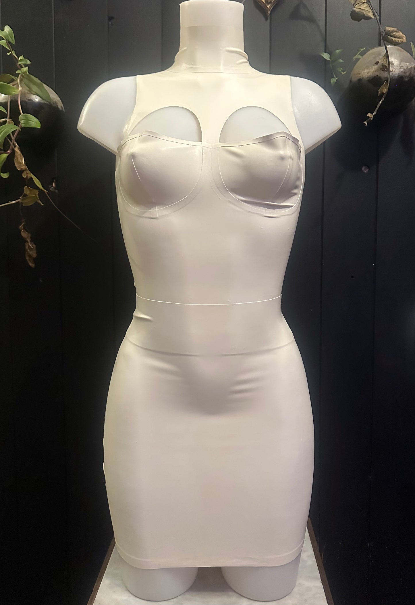 White latex cup to and mini skirt samples