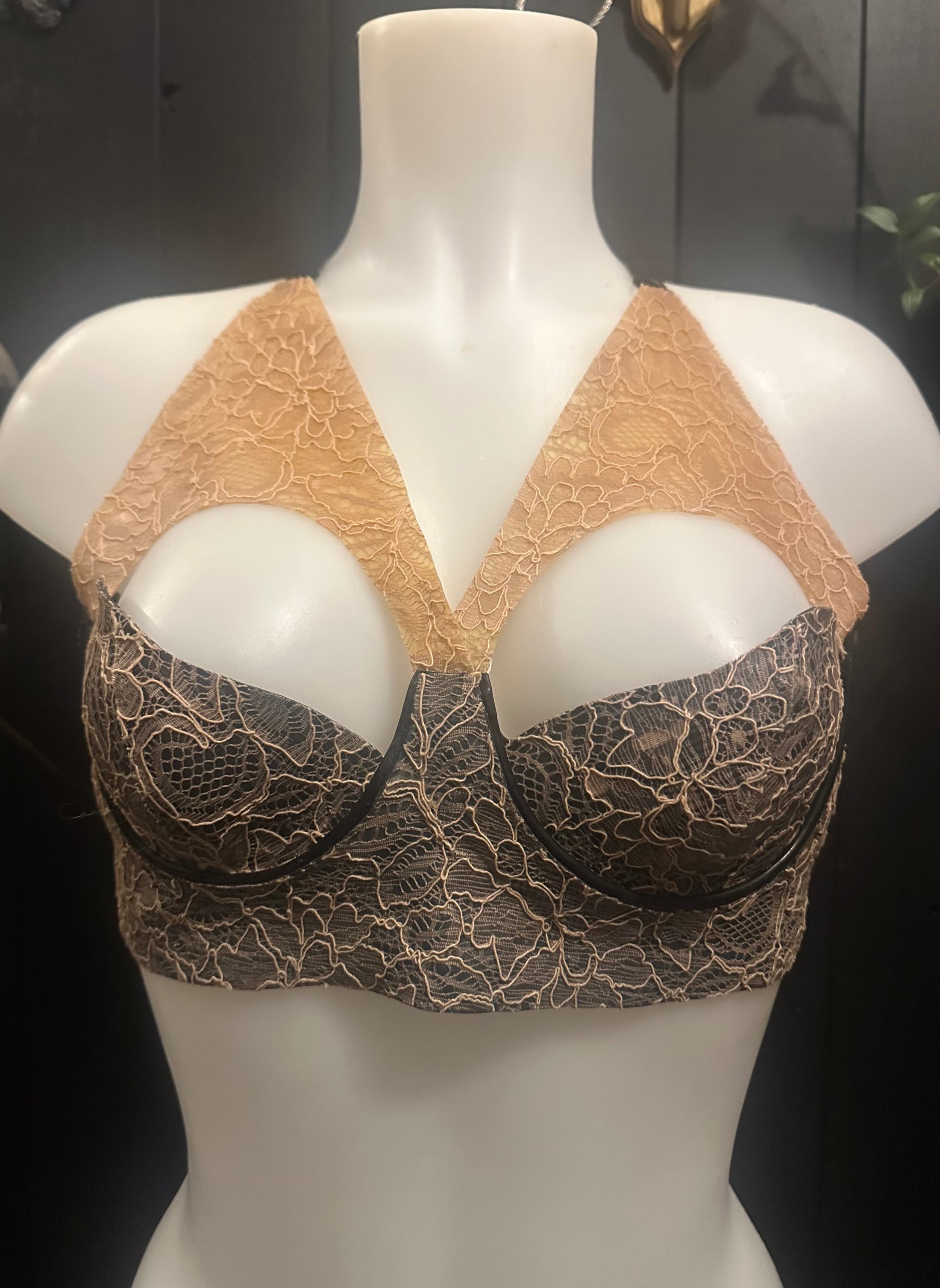 Eustratia latex-lace Aurora bra with cage back detail in dusky pink and metallic peacock