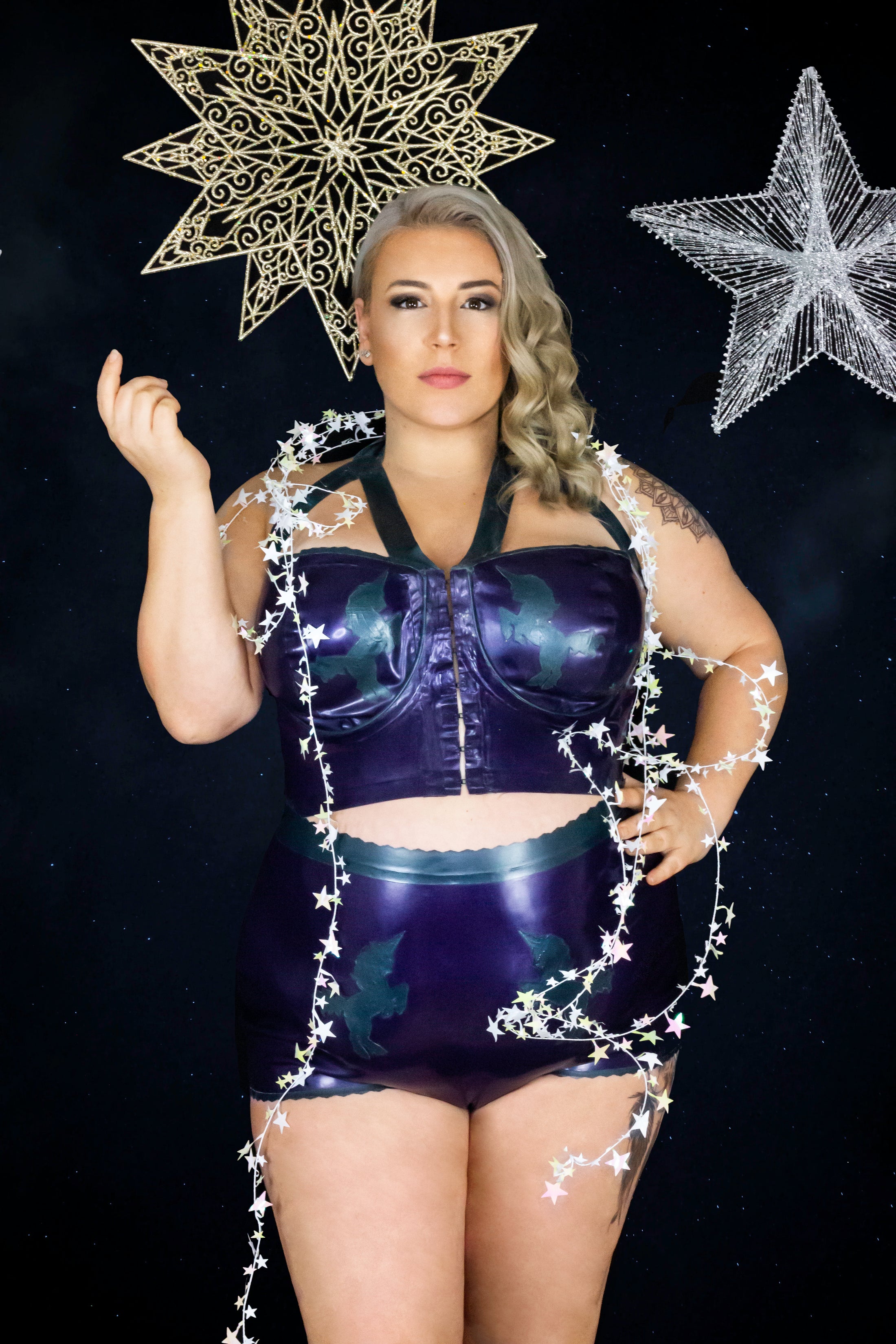 Eustratia plus size high waisted latex unicorn briefs with scalloped edge waistband and trim