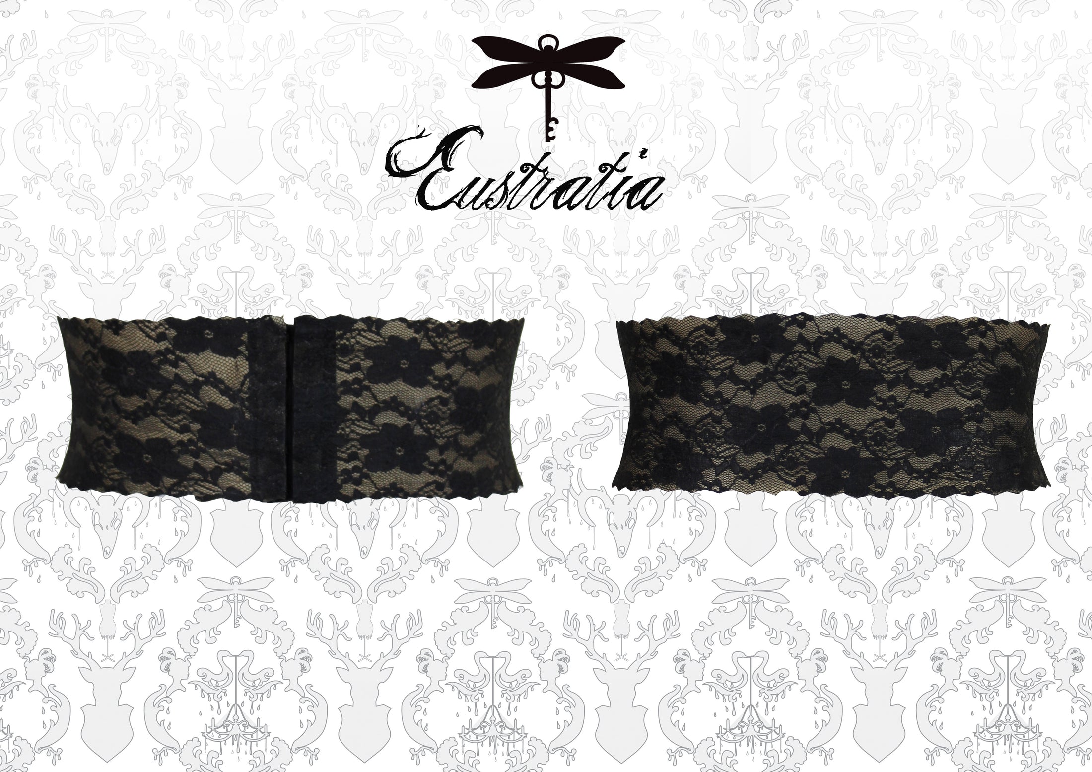 Texture detail of the translucent latex-lace on the wide waist belt