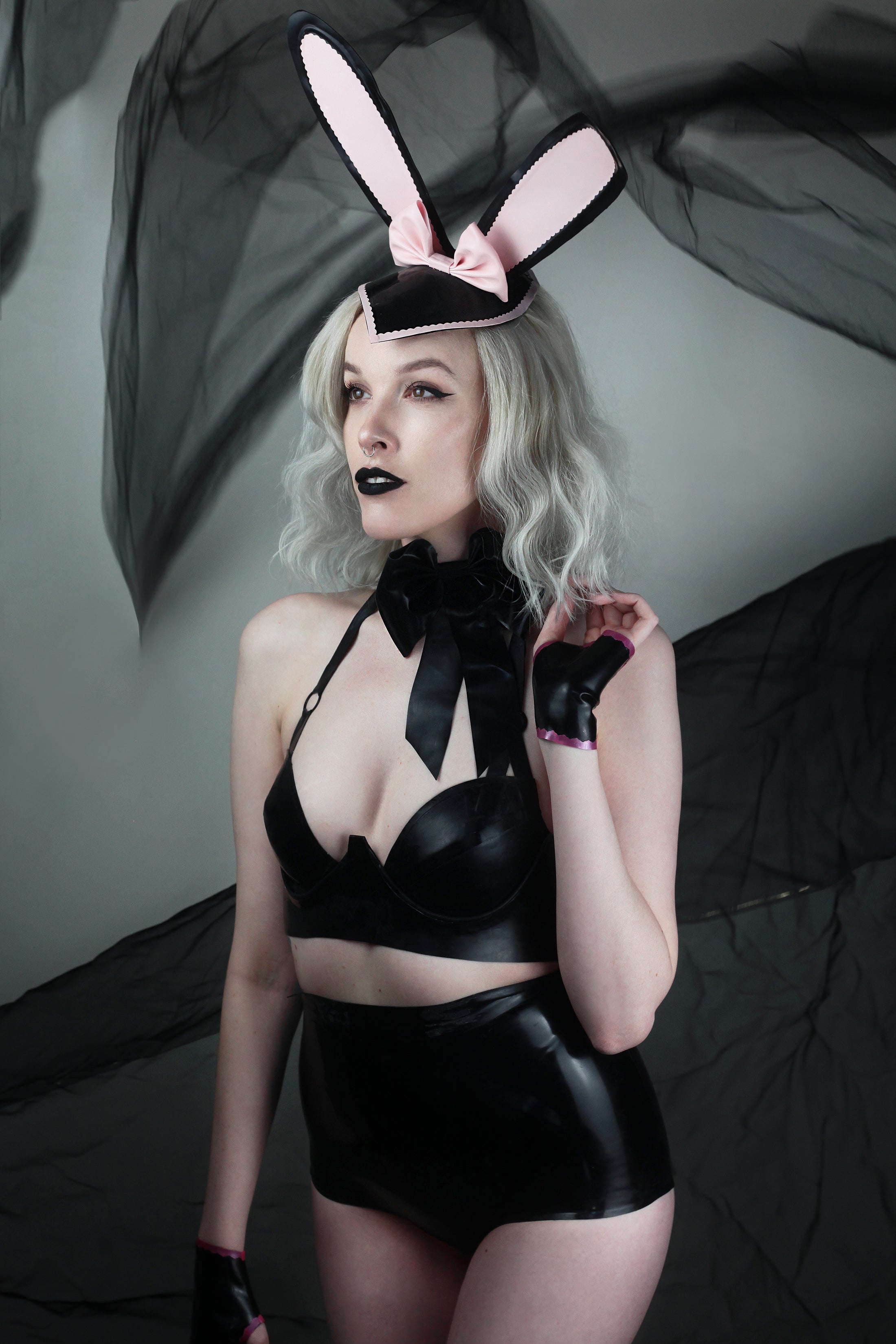 Close detail of the latex waistband on the low-leg hotpant briefs