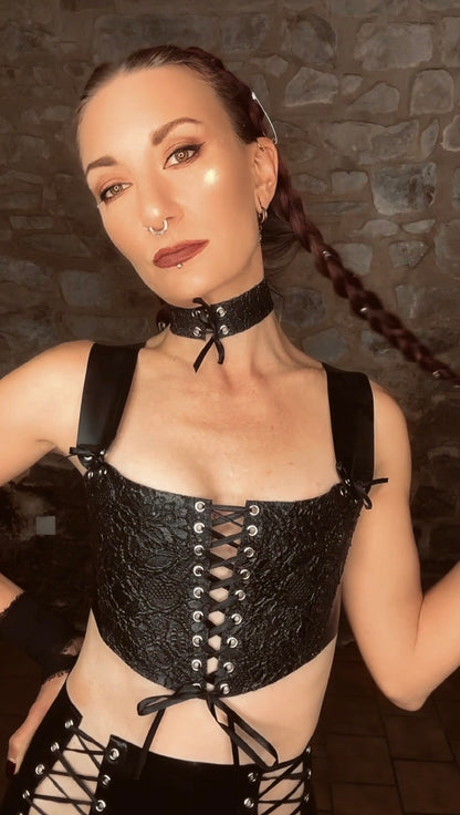 Latex-lace front cropped corset top