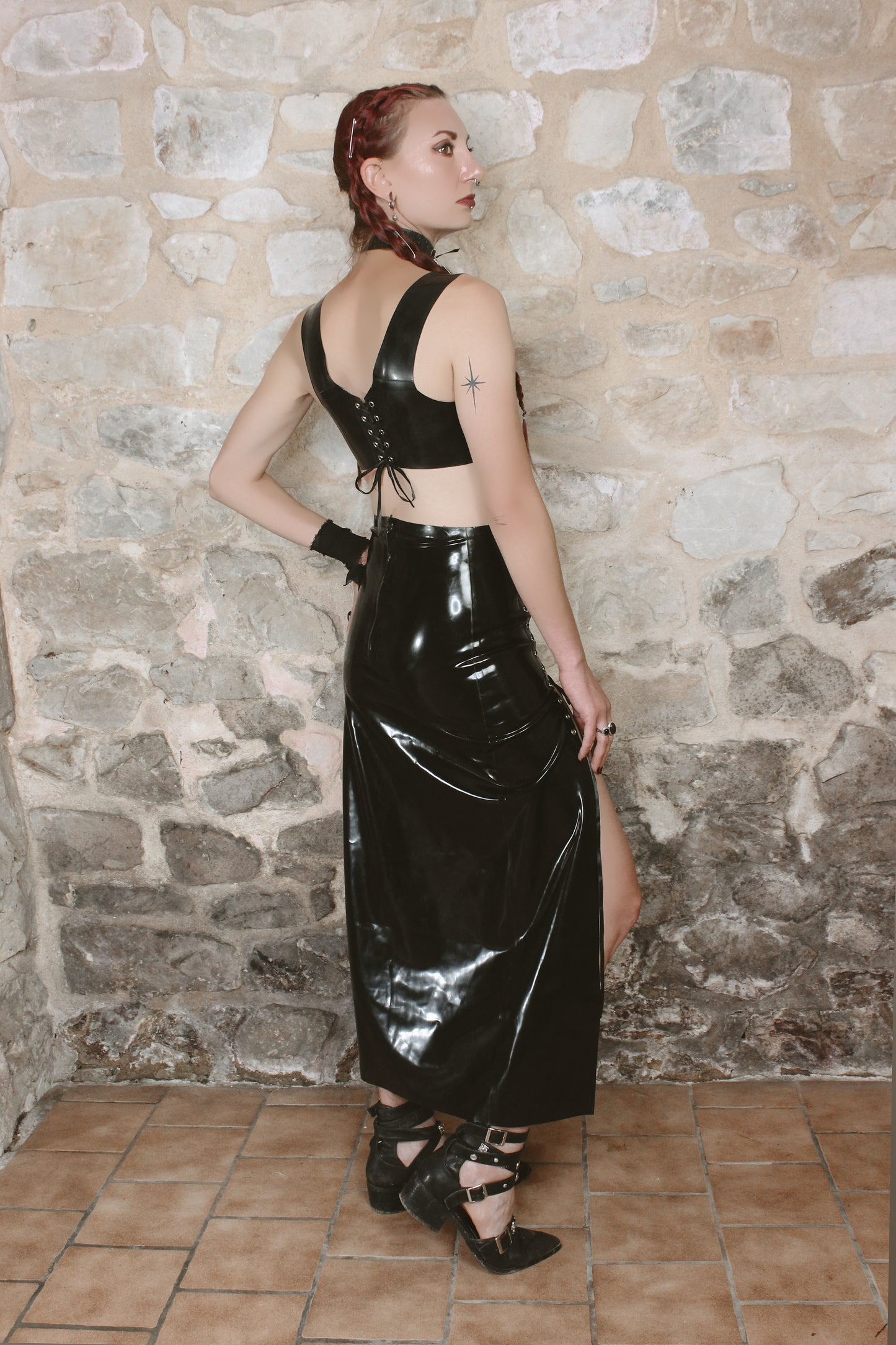 Latex-lace front cropped corset top