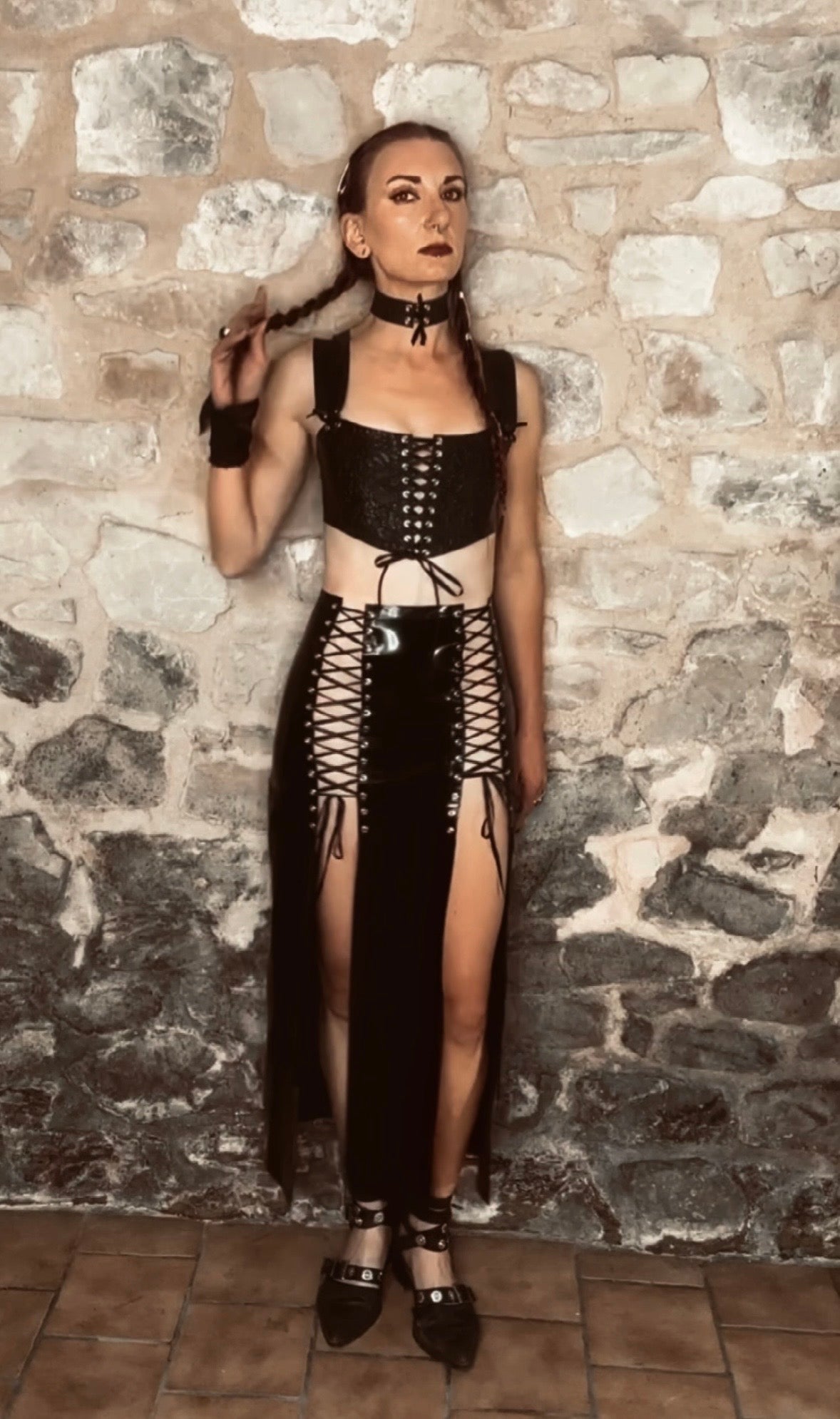 Latex-lace front cropped corset top