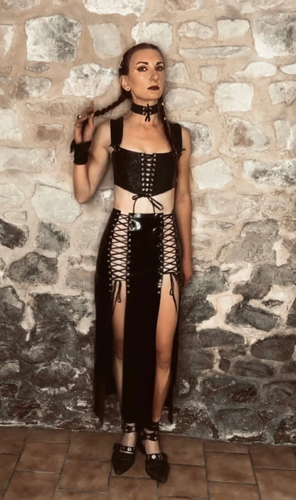 Latex-lace front cropped corset top