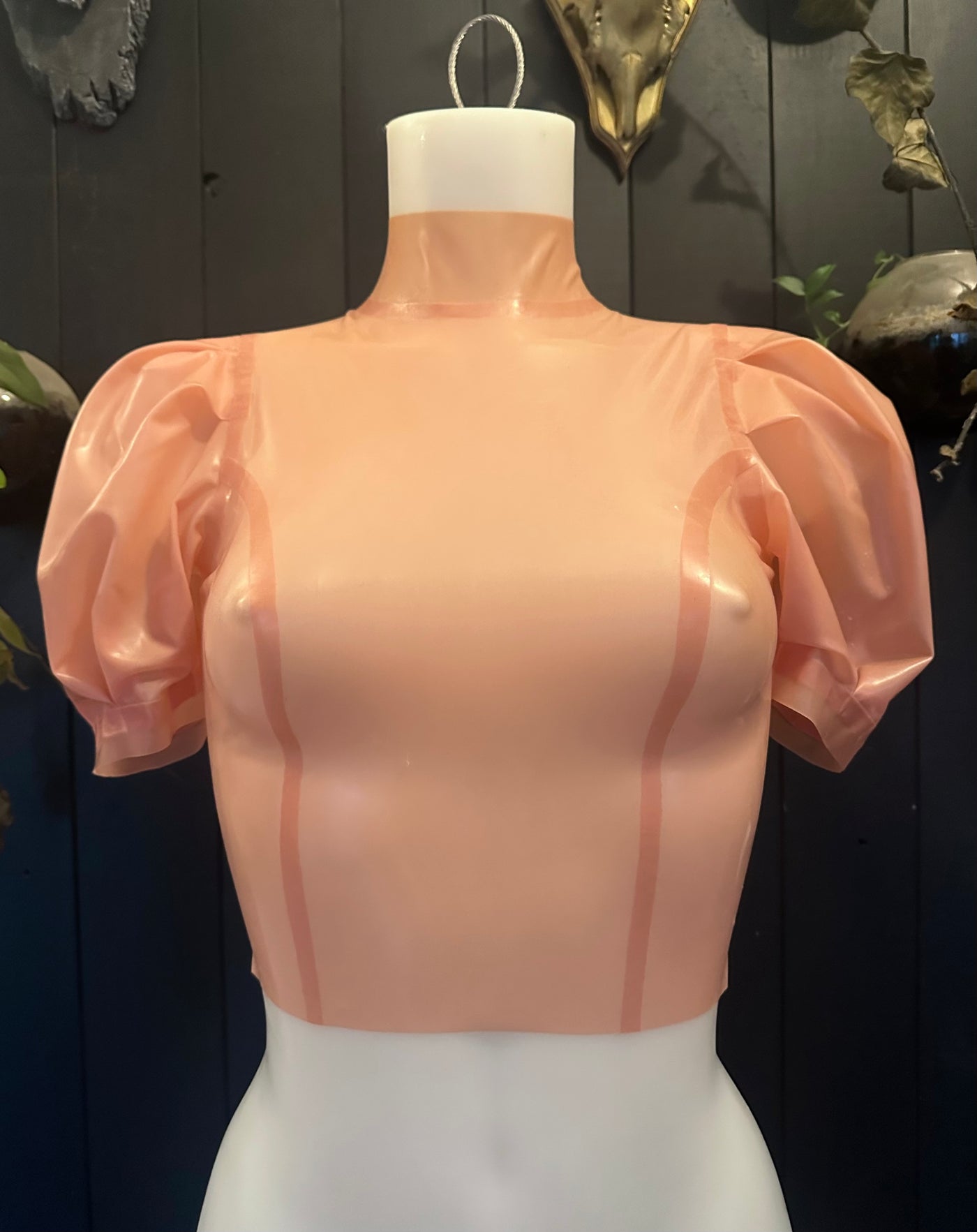 Eustratia puff-sleeved latex top sample in translucent pink, cropped length, size small