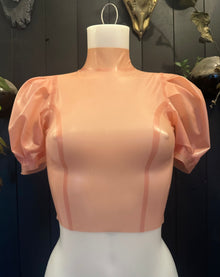 Eustratia puff-sleeved latex top sample in translucent pink, cropped length, size small
