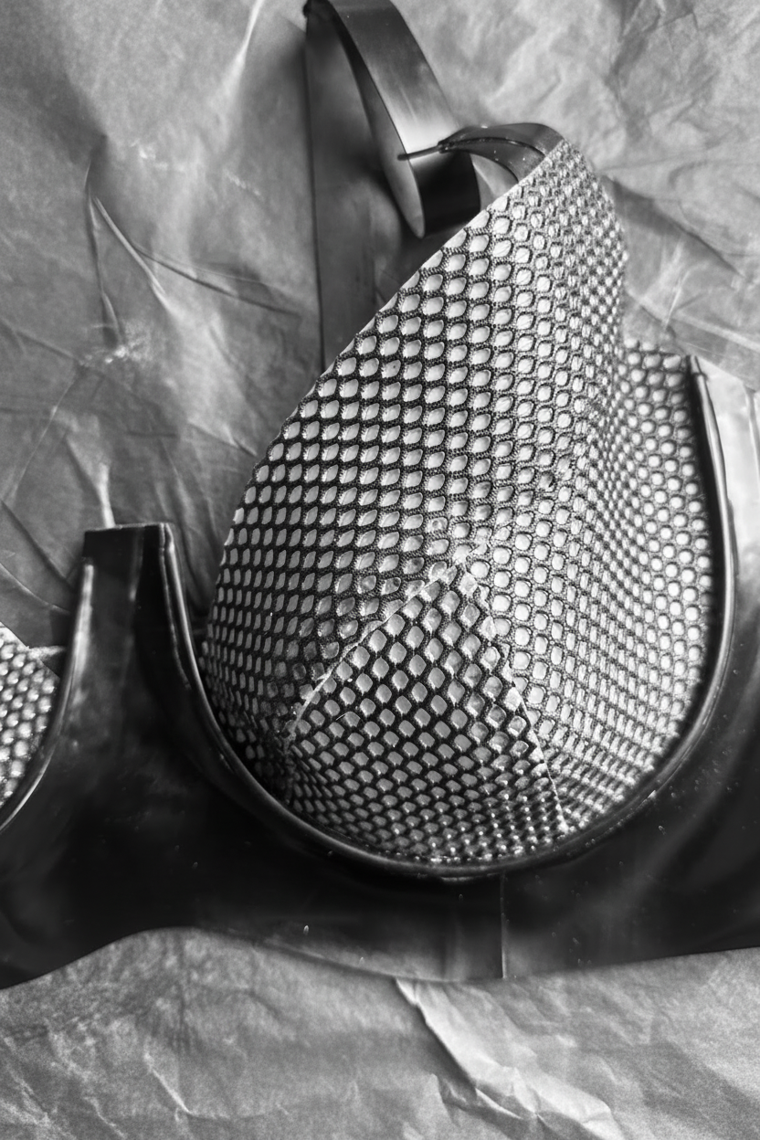 Detail of the halter strap and net cups on the latex plunge bra