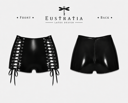 Lace-up custom length latex shorts