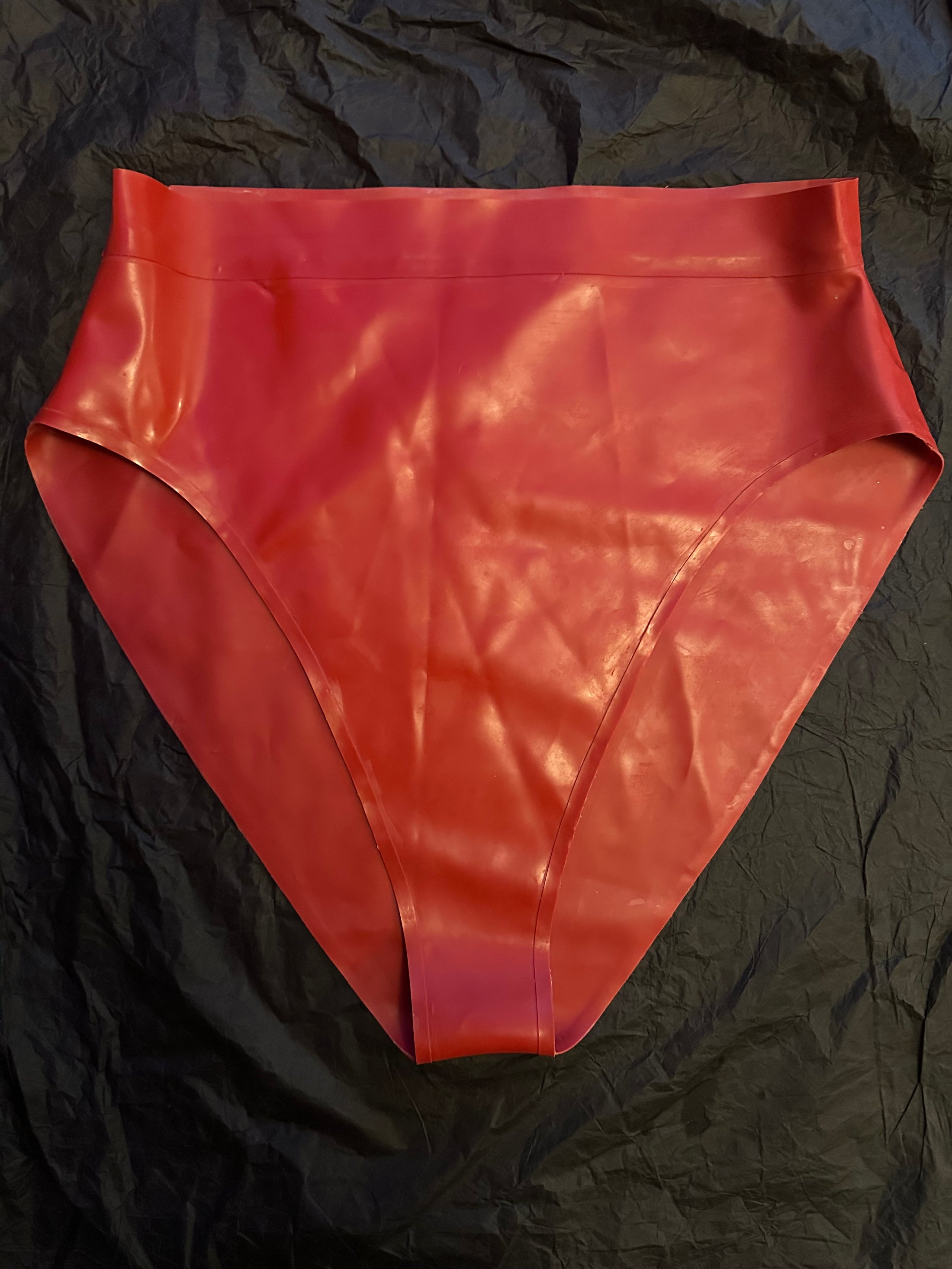 Eustratia red high leg latex briefs with waistband and fine trim detail