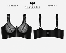 Close detail of the push-up cup shape on the latex-net plunge bra