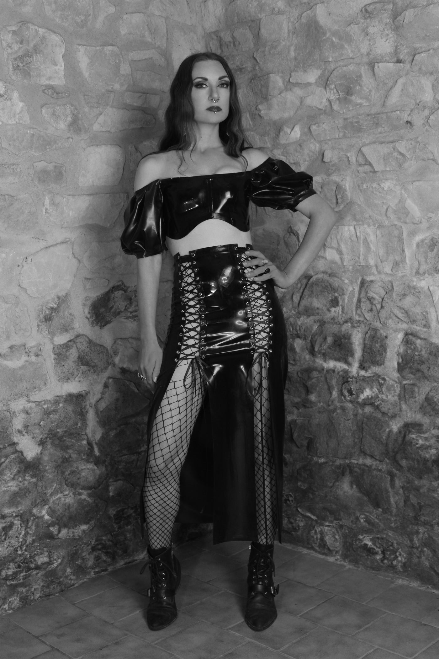 Close detail of the ribbon lacing on the Lilith latex skirt panels