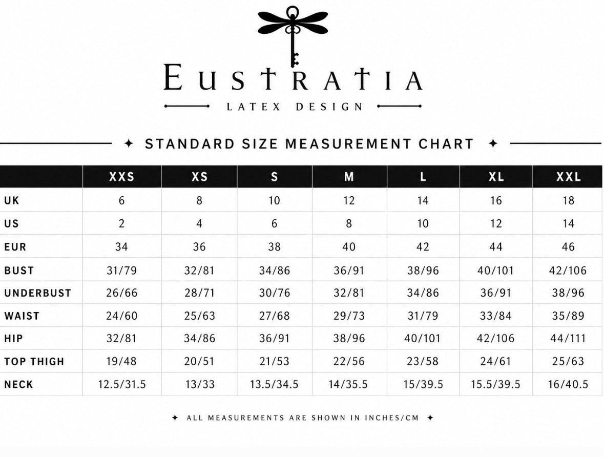 Eustratia standard size measurement chart with UK, US and EUR sizing and body measurements