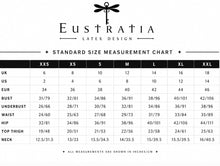 Eustratia standard size measurement chart with UK, US and EUR sizing and body measurements