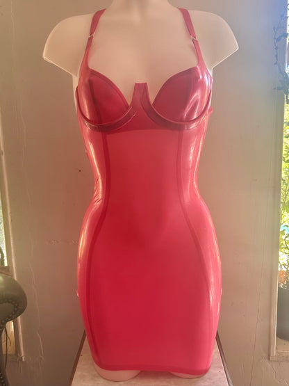 Low back latex dress sample in metallic fuchsia, size small, ready to ship!