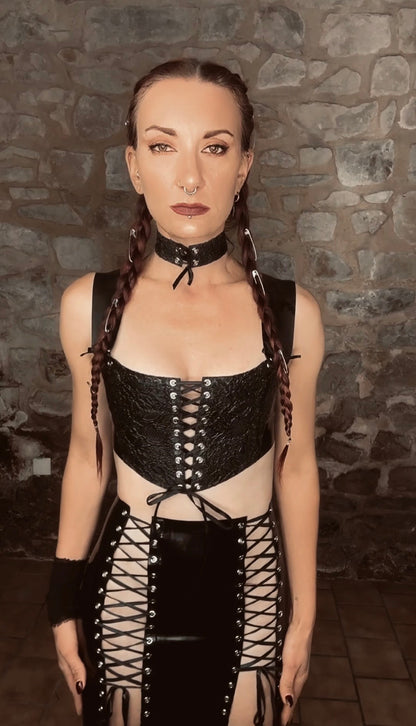 Latex-lace front cropped corset top