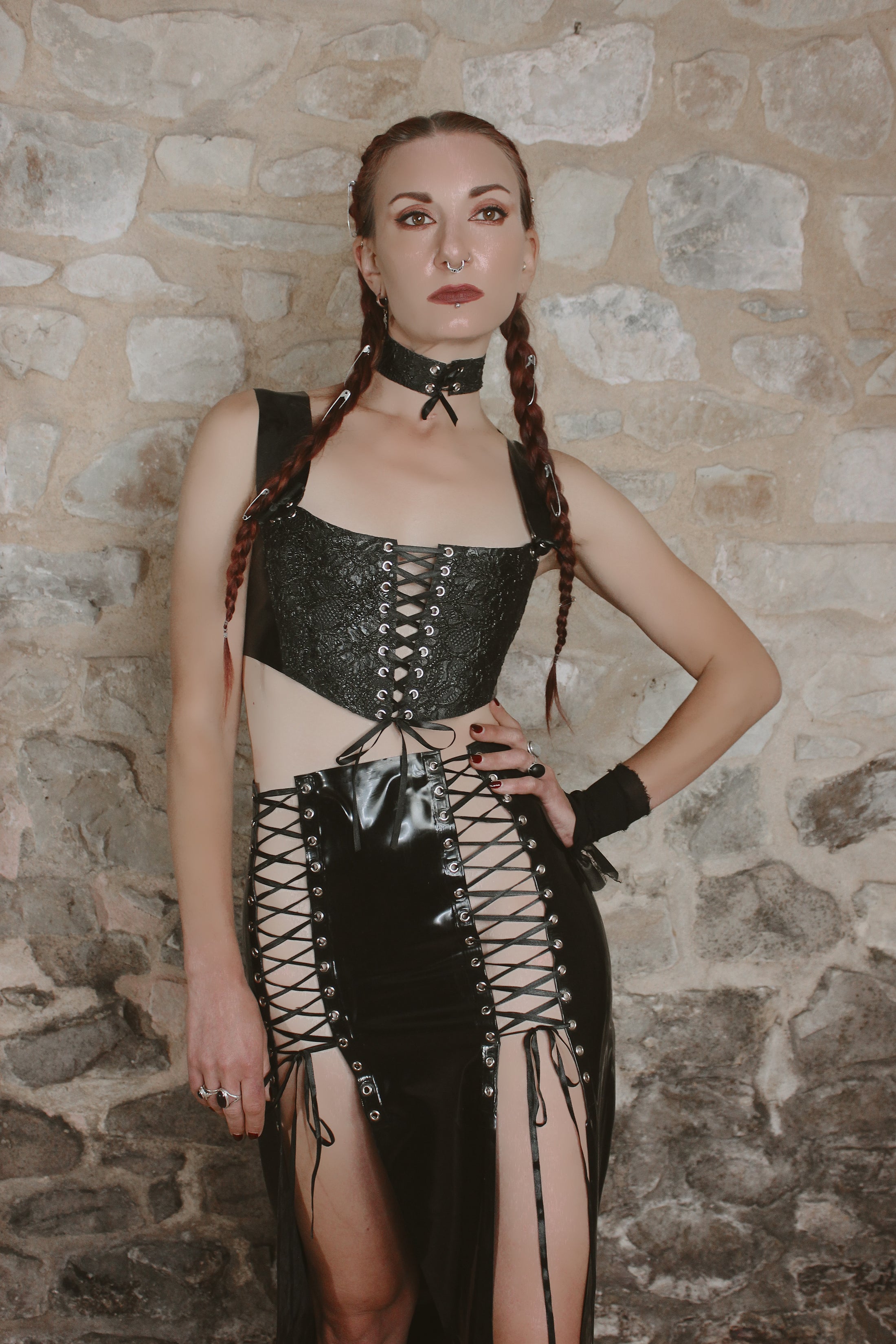 Detail of the back zip and laced panels on the Lilith latex skirt