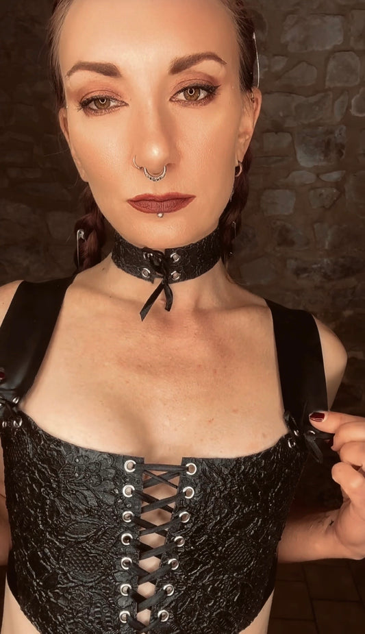 Latex-lace front cropped corset top