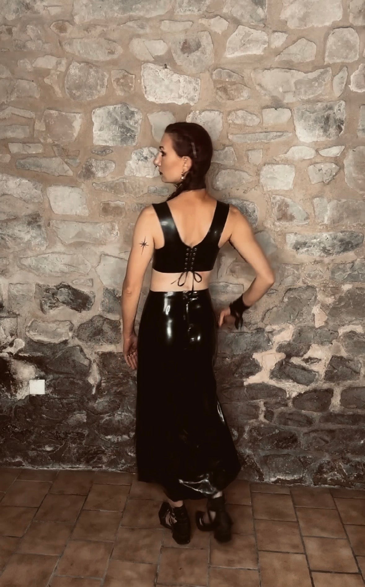 Latex-lace front cropped corset top