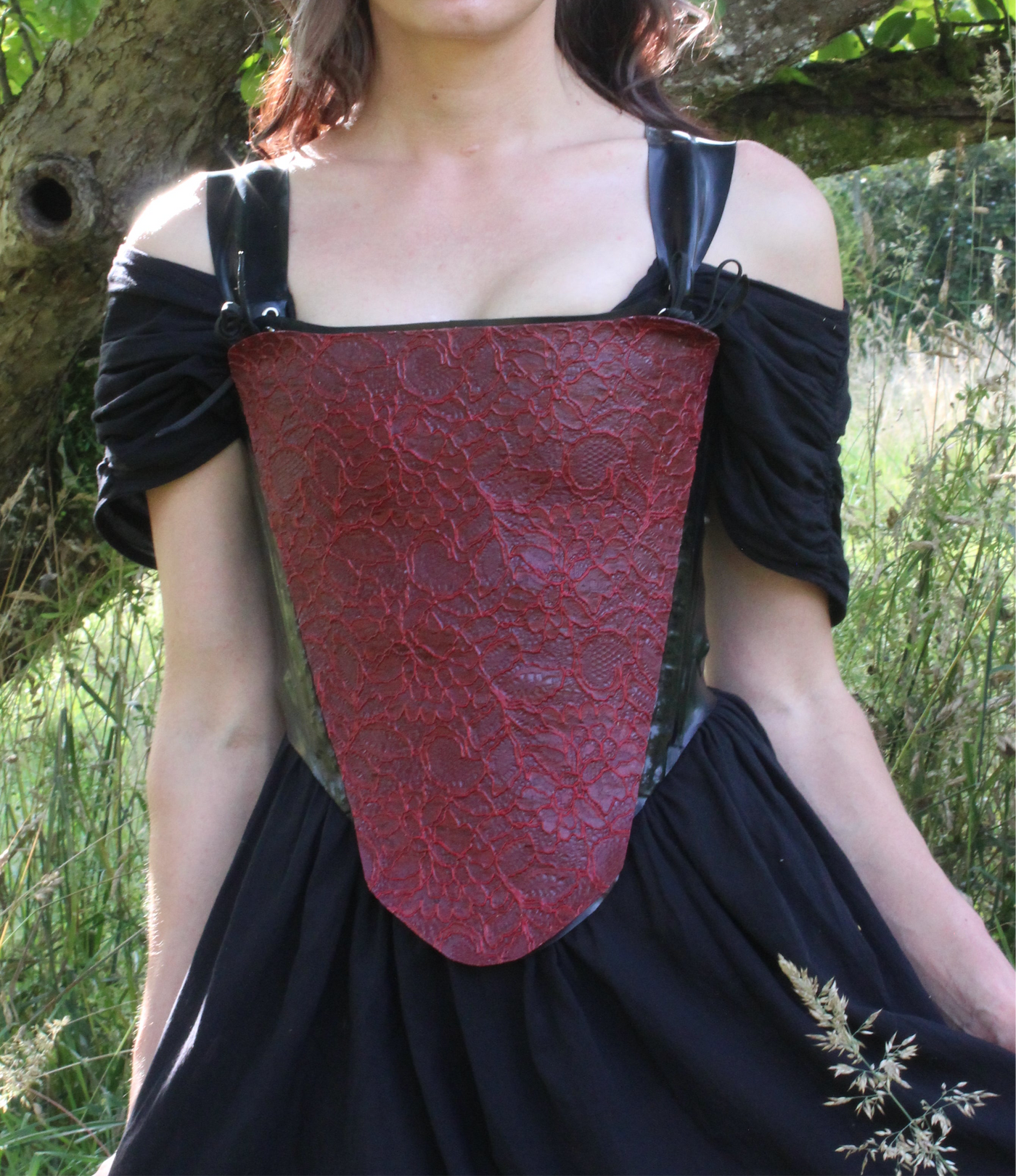Texture detail of the latex-lace corset panel for the Elizabethan corset