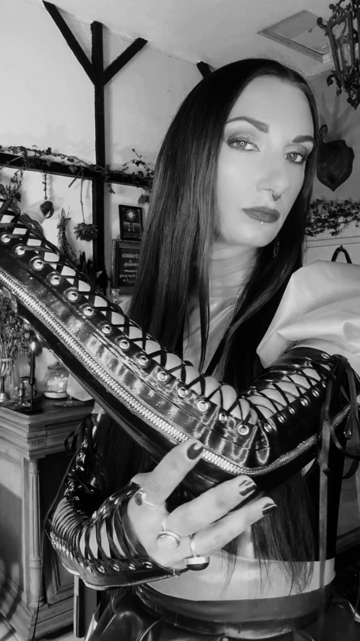 Eustratia full-length fingerless latex gauntlets with lace-up detailing and metal zipper