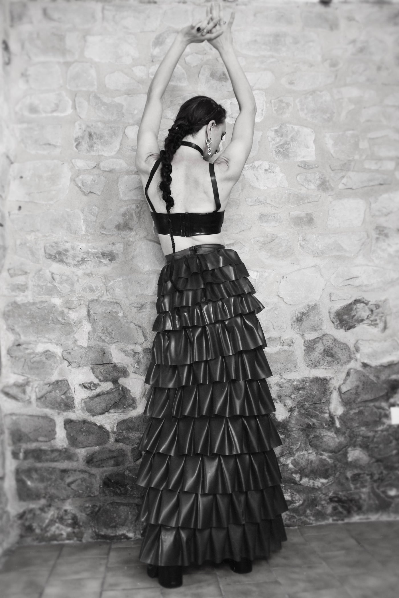 Styling of the Temperance latex ruffle skirt showing its dramatic pleated movement