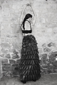 Styling of the Temperance latex ruffle skirt showing its dramatic pleated movement