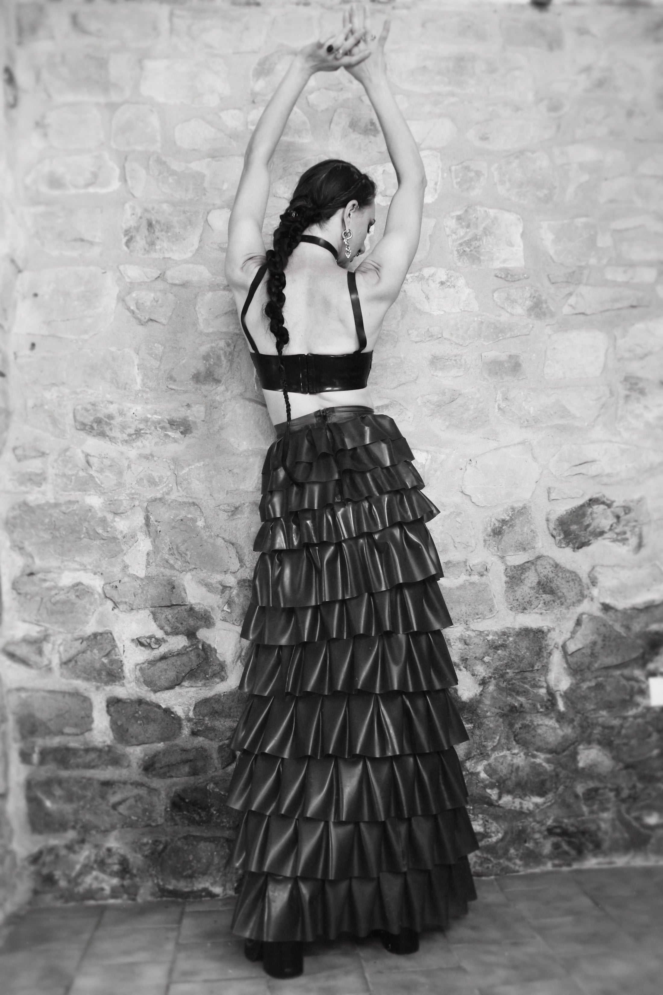 Styling of the Temperance latex ruffle skirt showing its dramatic pleated movement