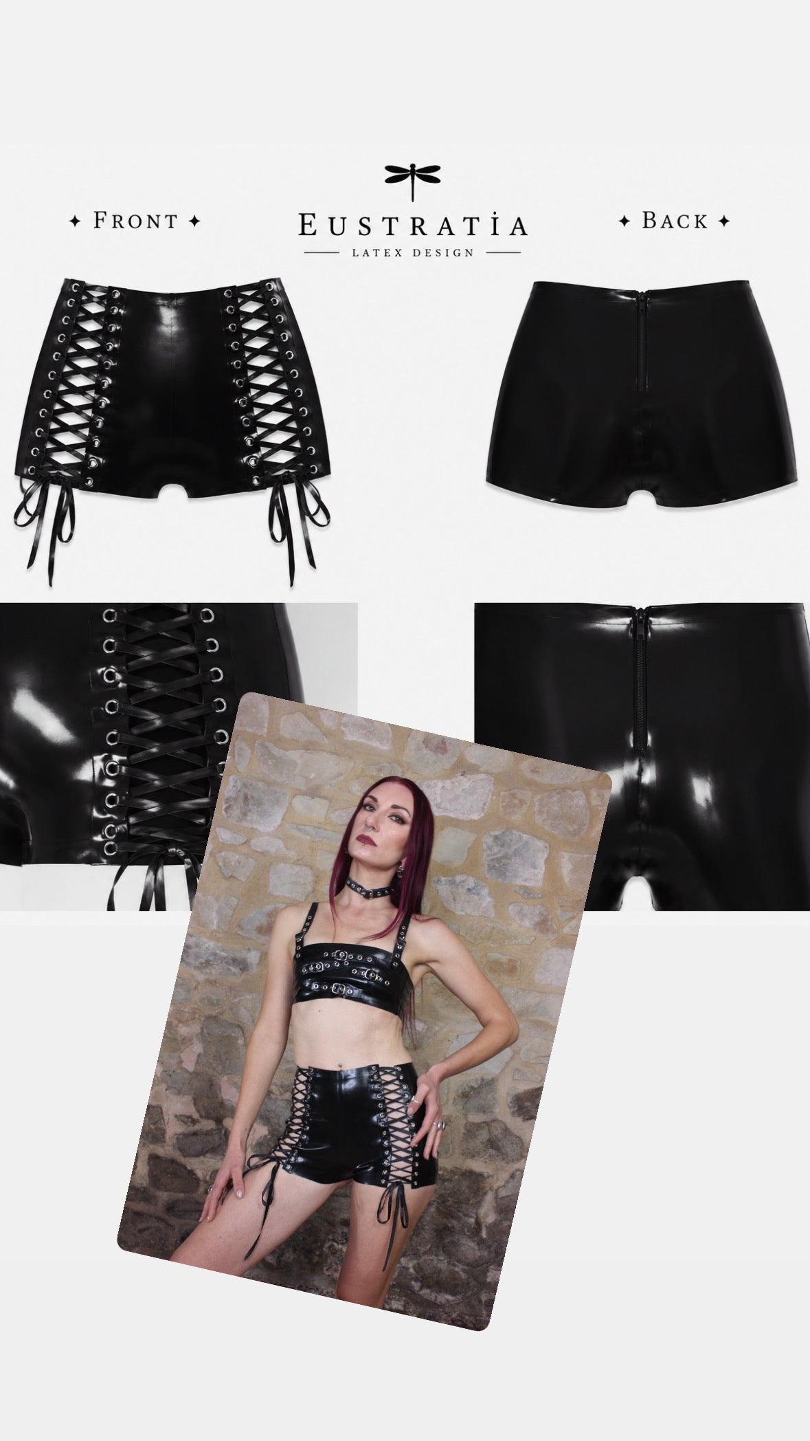 Lace-up custom length latex shorts