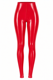 Fit detail of the latex back seam leggings defining the silhouette