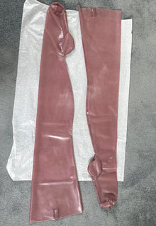 Eustratia translucent pink latex stockings with hold up tabs and air vents, size small