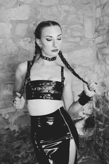 Eustratia Buckle crop top in latex with layered bust straps, silver buckle hardware and eyelet detailing