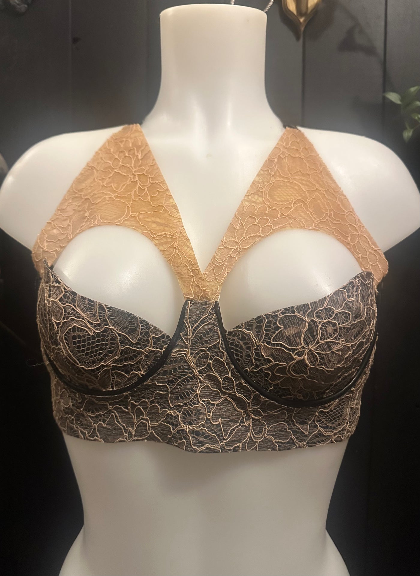Eustratia latex-lace Aurora bra with cage back detail in dusky pink and metallic peacock