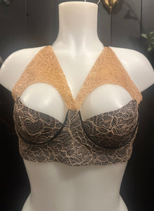 Eustratia latex-lace Aurora bra with cage back detail in dusky pink and metallic peacock