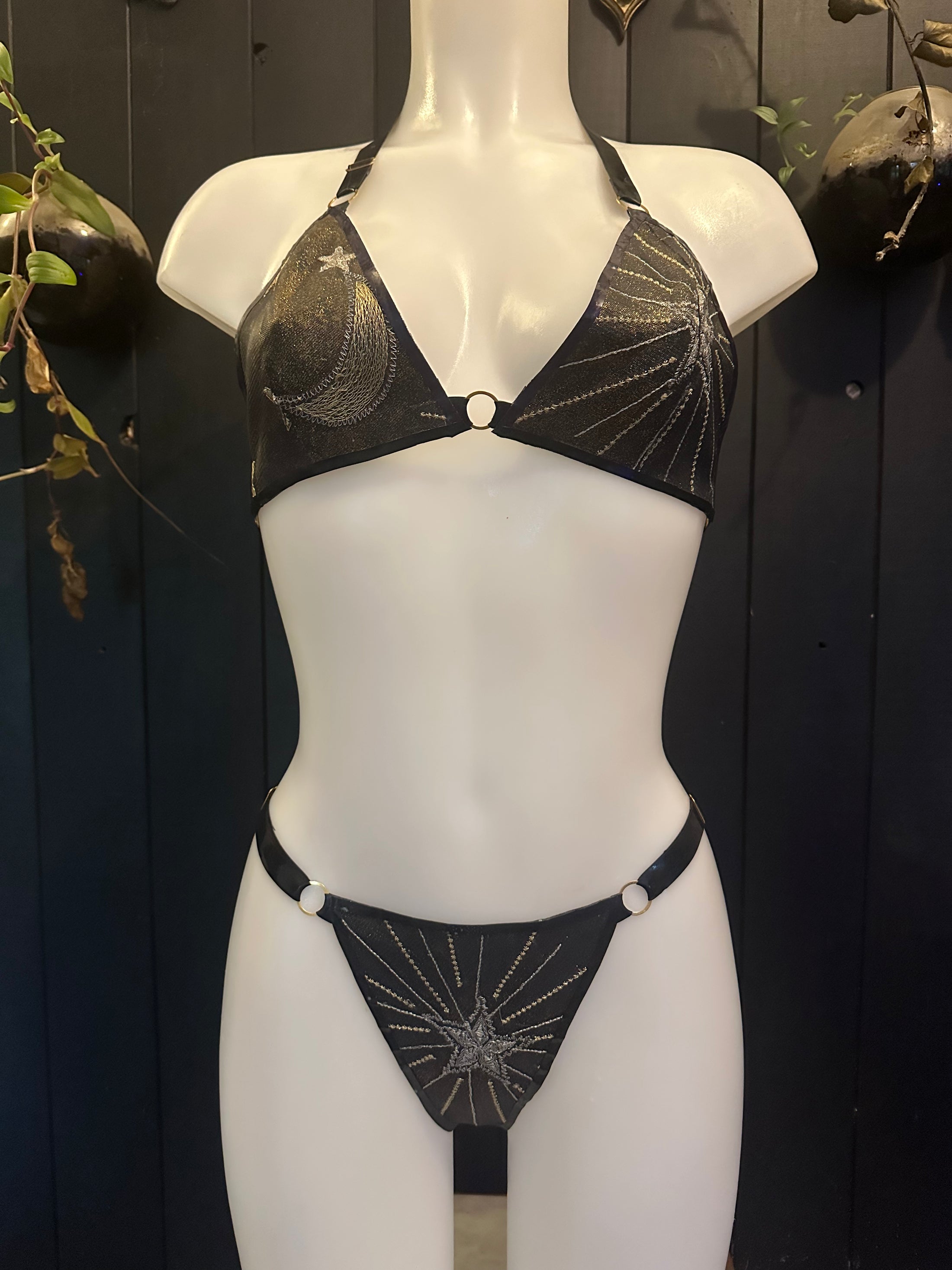 Eustratia celestial glitter-mesh latex bikini with gold-plated adjustable hardware