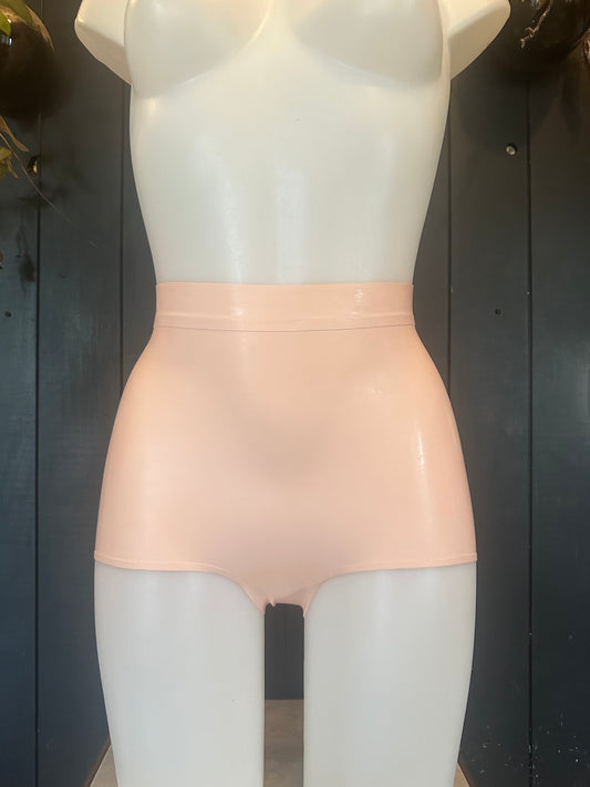 Ready to ship, belted low leg briefs sample in baby pink, size XS