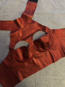 Red glitter-mesh latex cropped top with slightly adjustable back, festive party style