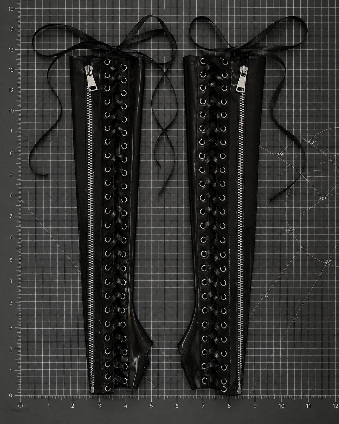 Lace-up latex zipper gauntlets