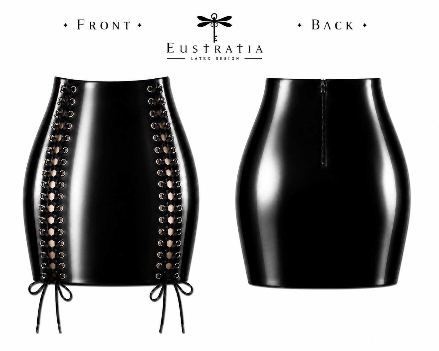 Styling of the lace-up goth latex mini skirt with lacing detail