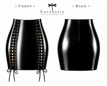 Styling of the lace-up goth latex mini skirt with lacing detail
