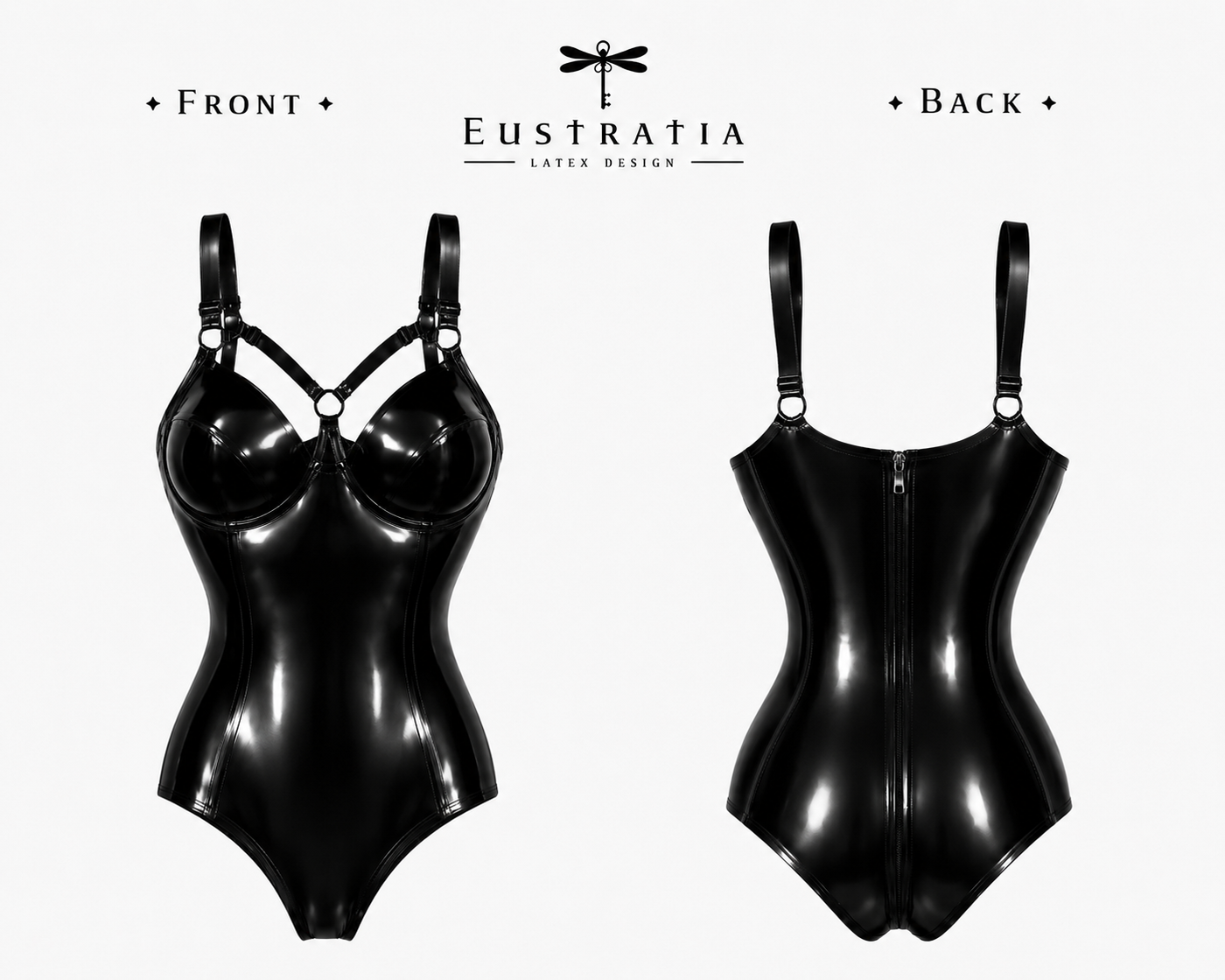 Styling of the latex harness bodysuit with its straight back and leg cut