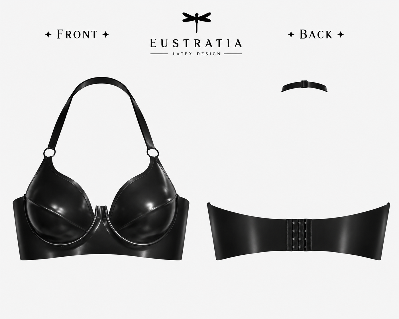 Detail of the centre back hook and eye fastening on the latex plunge halter bra