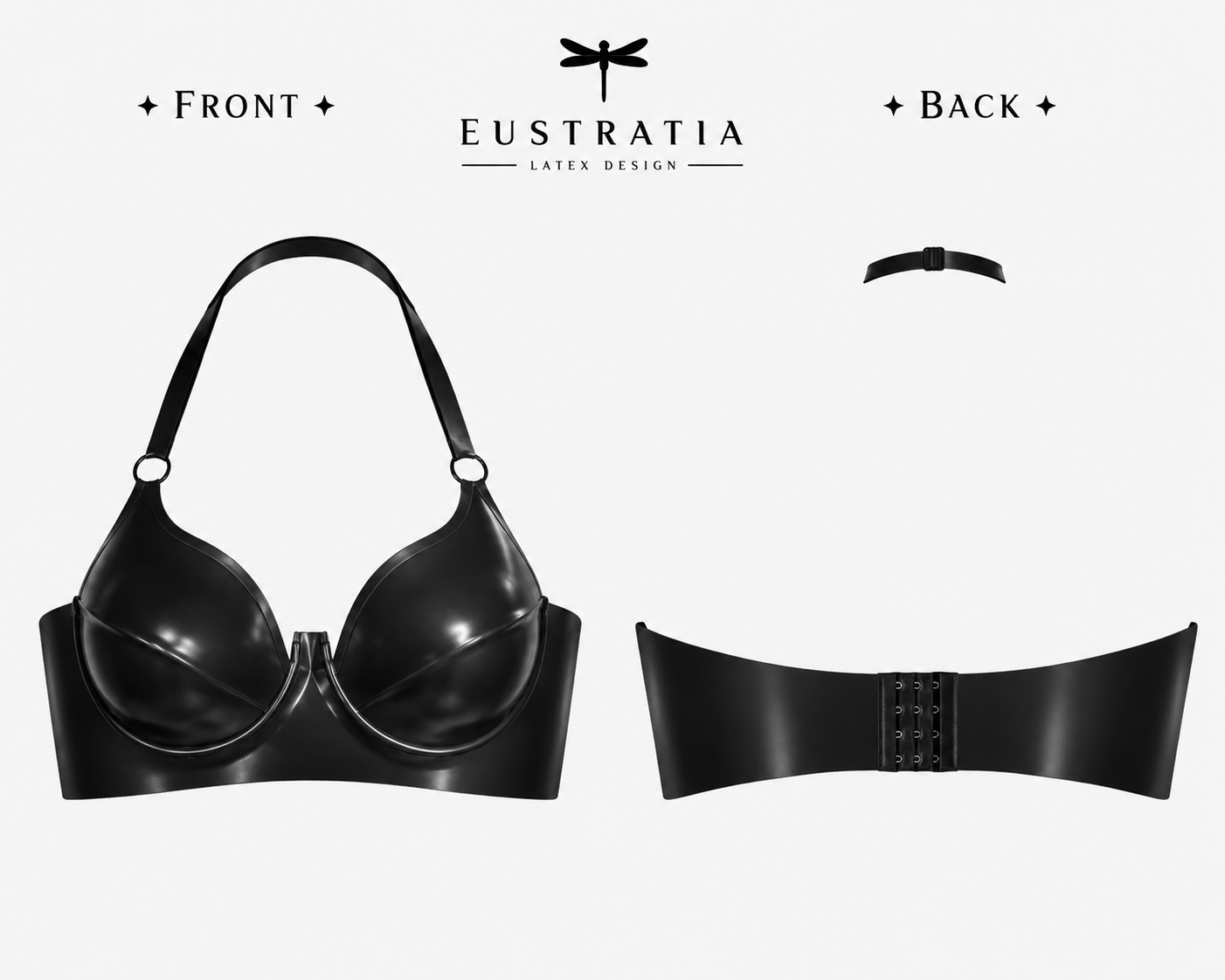 Detail of the centre back hook and eye fastening on the latex plunge halter bra