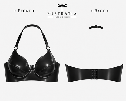Latex plunge halter bra